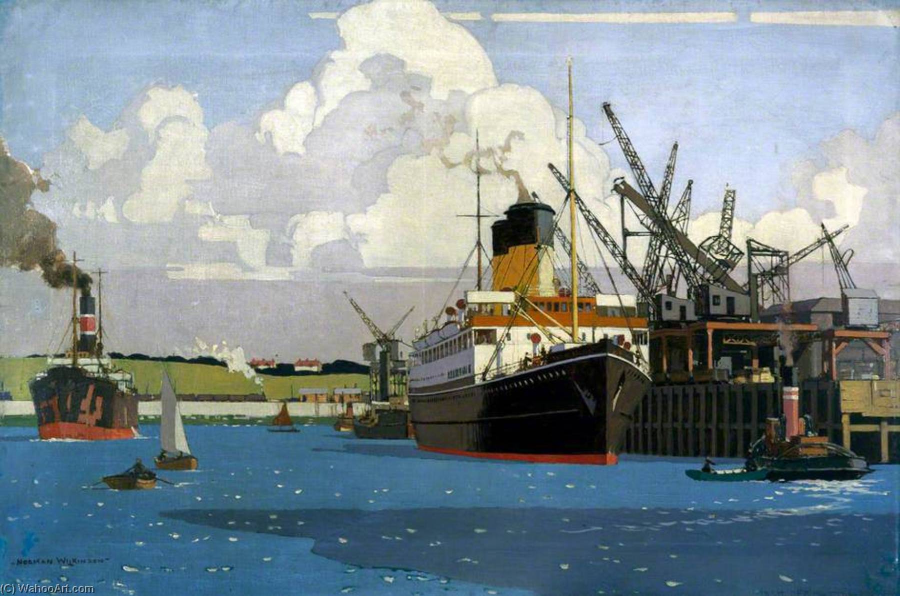 Wikioo.org - The Encyclopedia of Fine Arts - Painting, Artwork by Norman Wilkinson - View of Docks with SS 'Duke of Argyll' at Quay (London, Midland and Scottish Railway poster artwork)