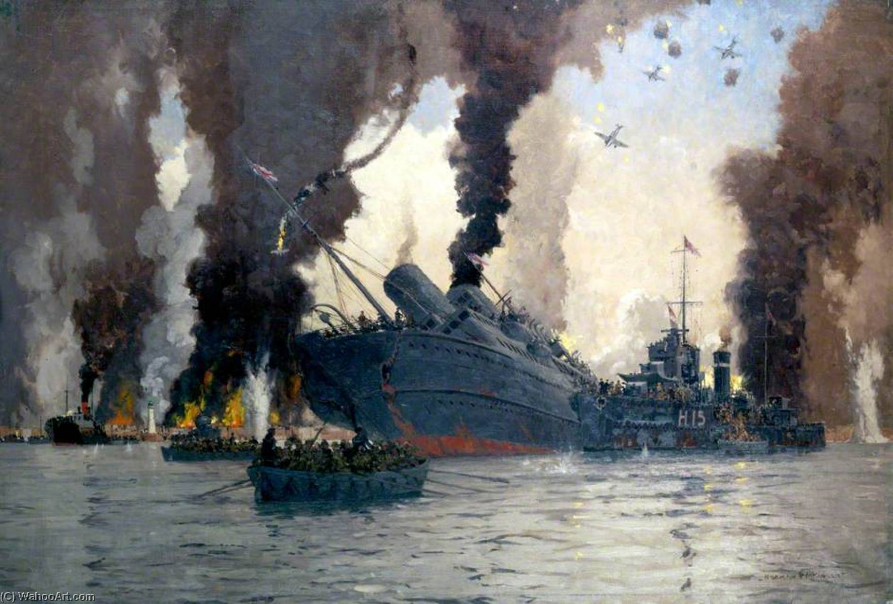 Wikioo.org - The Encyclopedia of Fine Arts - Painting, Artwork by Norman Wilkinson - Sinking of the London, Midland and Scottish Railway Steamer SS 'Scotia' off Dunkirk (The LMS at War Series)