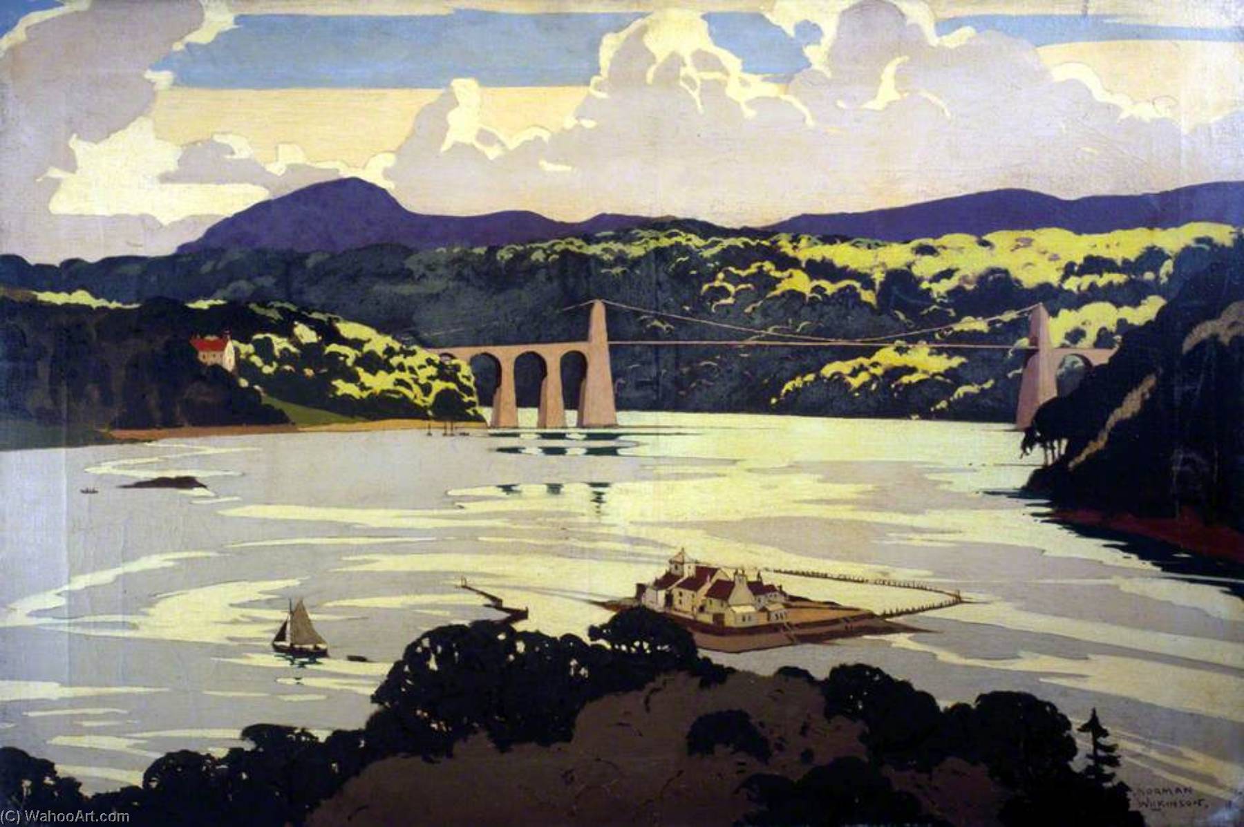 Wikioo.org - The Encyclopedia of Fine Arts - Painting, Artwork by Norman Wilkinson - Menai Suspension Bridge (London, Midland and Scottish Railway poster artwork)