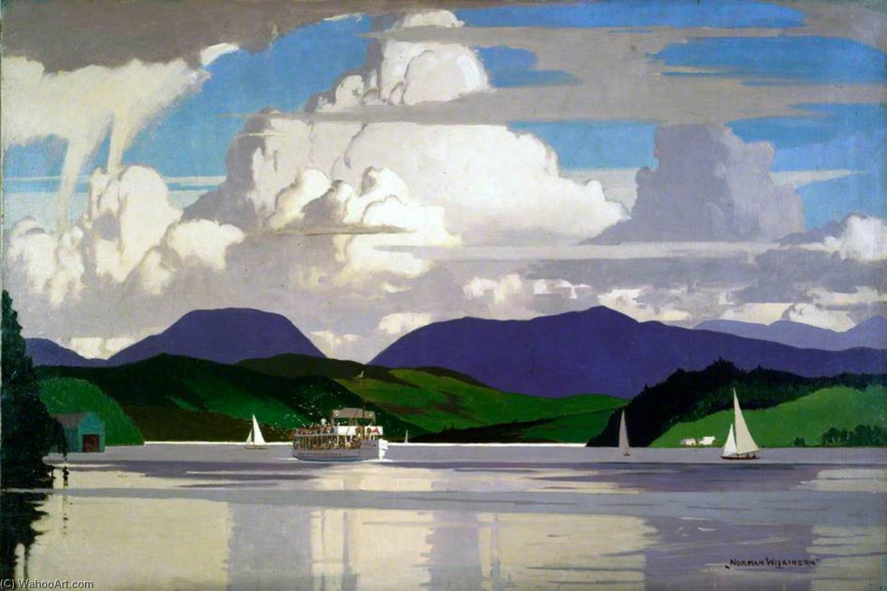 Wikioo.org - The Encyclopedia of Fine Arts - Painting, Artwork by Norman Wilkinson - MV 'Swan' on Lake Windermere (London, Midland and Scottish Railway poster artwork)