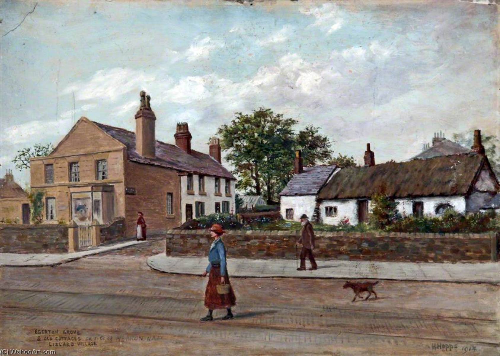 Wikioo.org - The Encyclopedia of Fine Arts - Painting, Artwork by Harold Hopps - Egerton Grove and Old Cottages, Liscard Village, Wirral