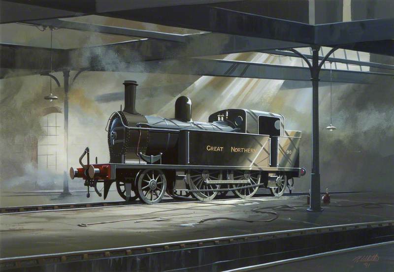 Wikioo.org - The Encyclopedia of Fine Arts - Painting, Artwork by Norman Whitla - Great Northern Railway Locomotive No.90 in Adelaide Shed, Belfast