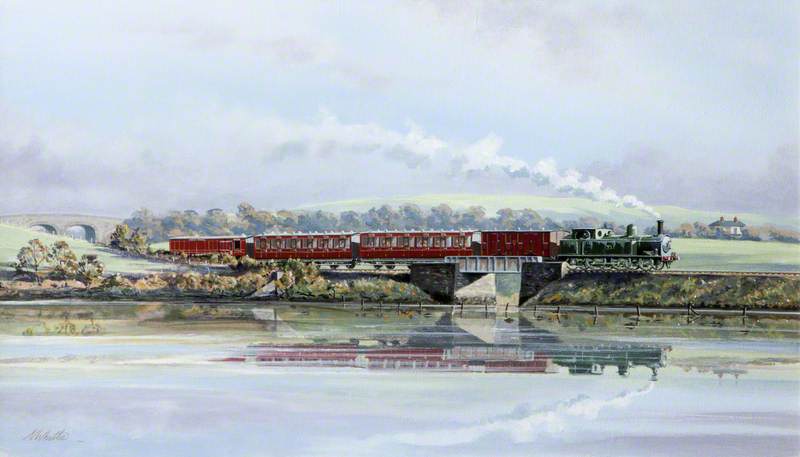 Wikioo.org - The Encyclopedia of Fine Arts - Painting, Artwork by Norman Whitla - Passenger Train Crossing a Bridge at Dundrum