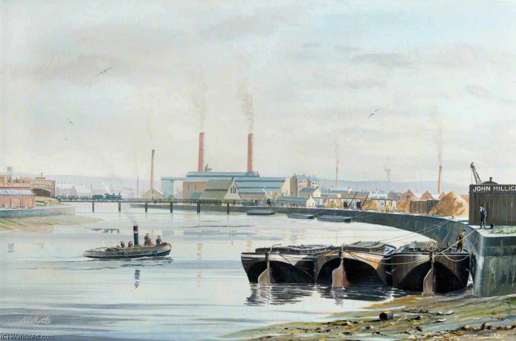 Wikioo.org - The Encyclopedia of Fine Arts - Painting, Artwork by Norman Whitla - John Milligan and the Sirocco Works with a Boat in the Harbour