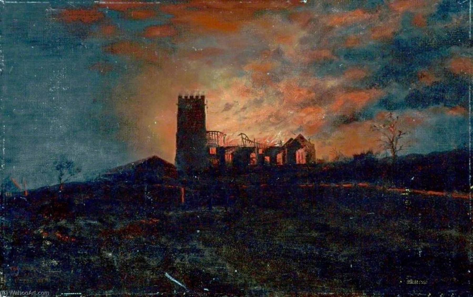 Wikioo.org - The Encyclopedia of Fine Arts - Painting, Artwork by Harold Hopps - Burning of Wallasey Church, Wirral, 1 February 1857