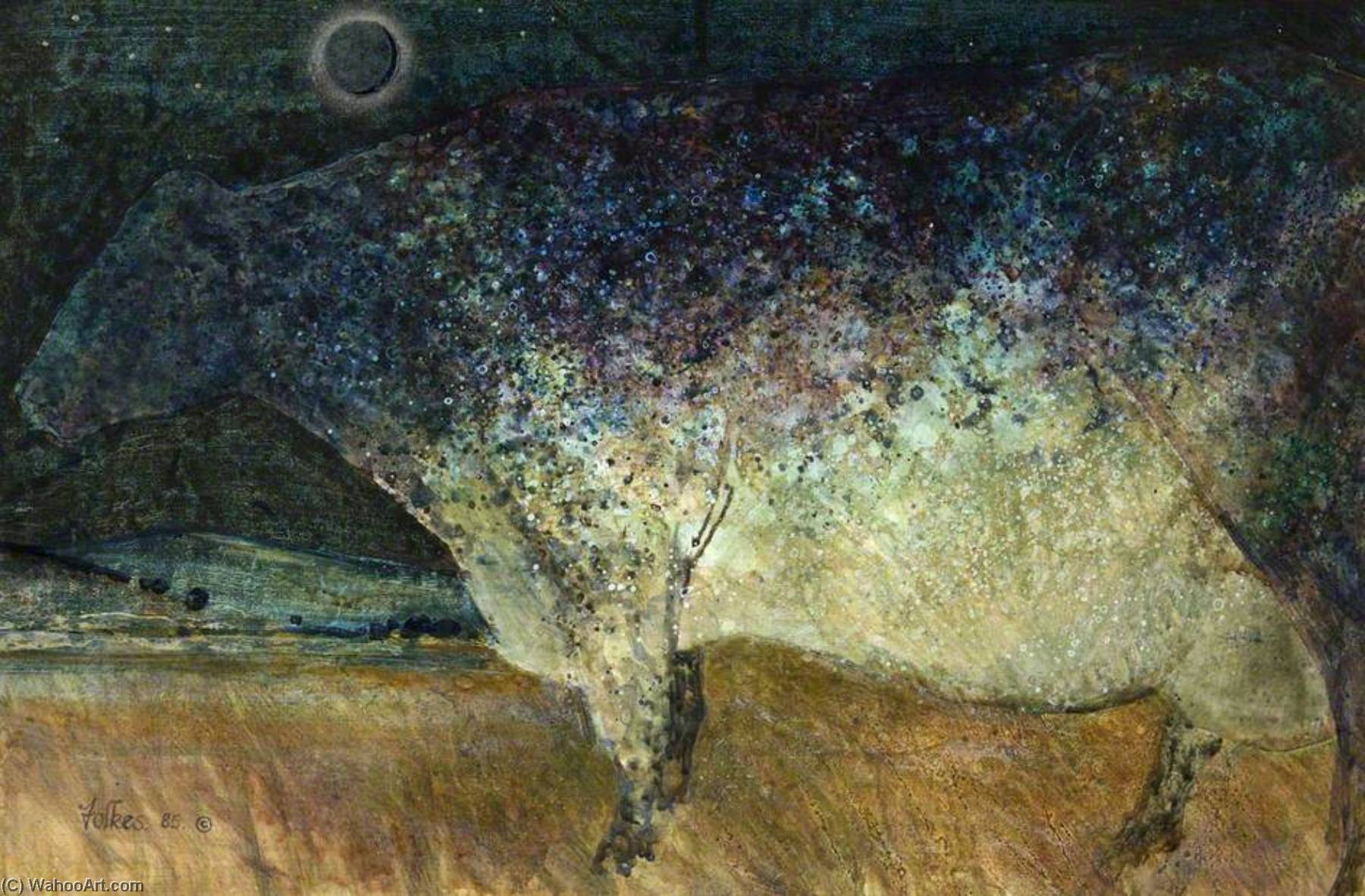 Wikioo.org - The Encyclopedia of Fine Arts - Painting, Artwork by Peter Leonard Folkes - Cow Considering the Stars and Moon
