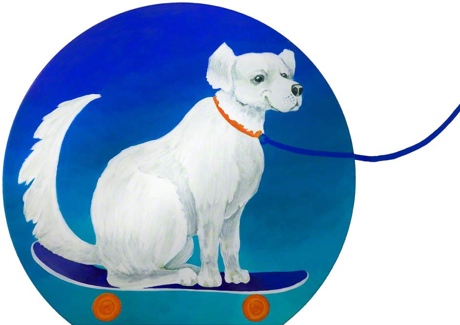 Wikioo.org - The Encyclopedia of Fine Arts - Painting, Artwork by Meg Surrey - Dog on Skateboard Being Towed