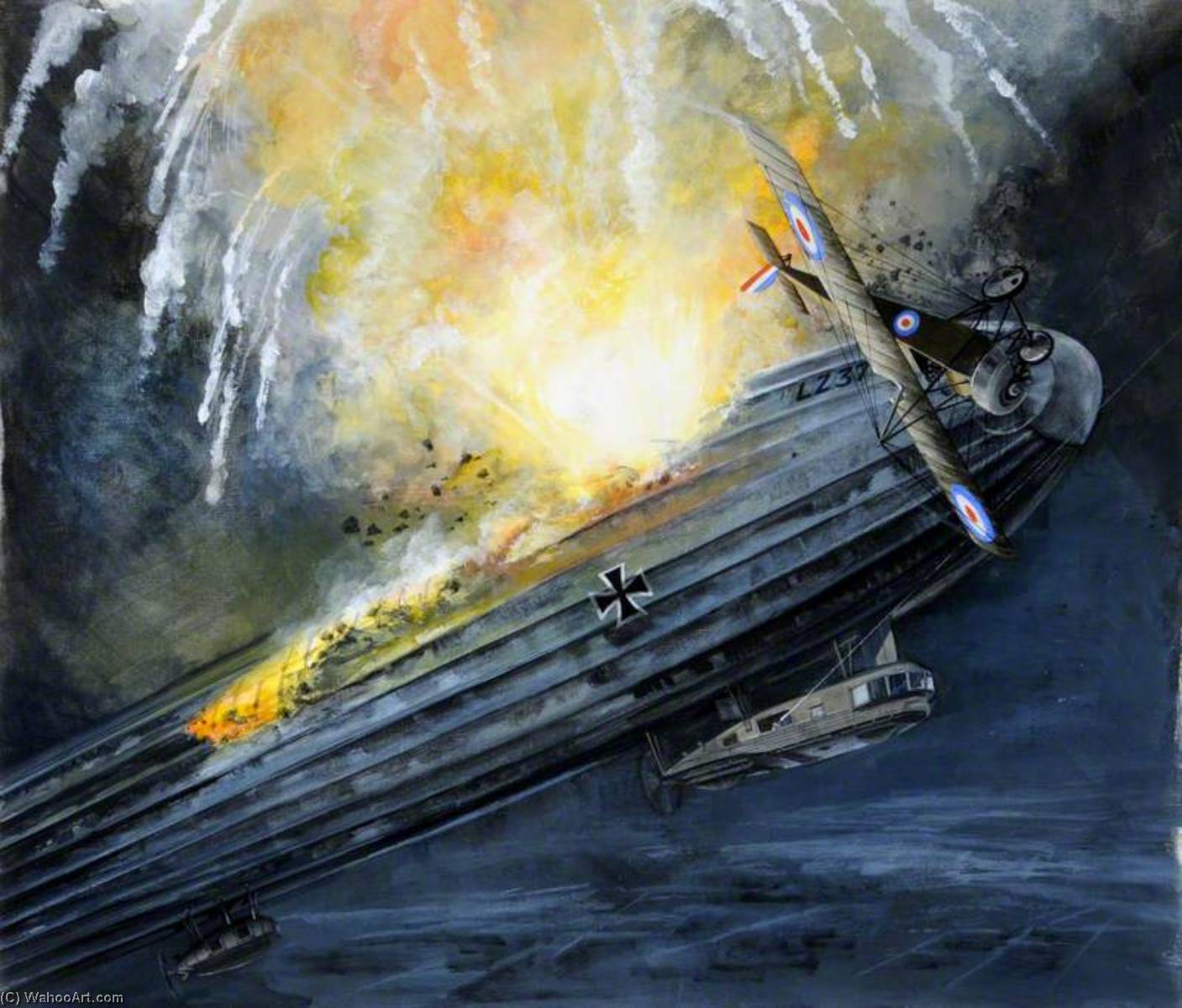 WikiOO.org - Encyclopedia of Fine Arts - Lukisan, Artwork Brian Byron - Flight Sub Lieutenant Warneford Attacking the Zeppelin, 7 June 1915
