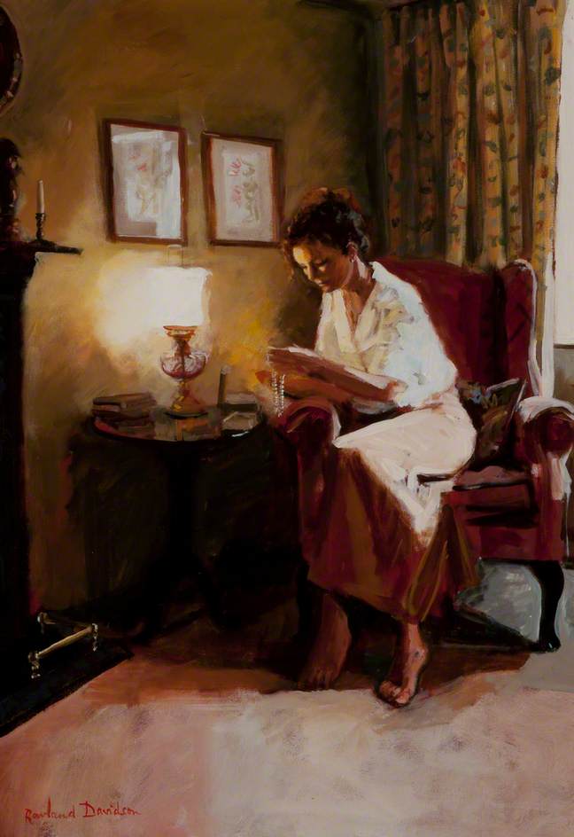 Wikoo.org - موسوعة الفنون الجميلة - اللوحة، العمل الفني Rowland Davidson - Lady Reading a Book by Lamplight