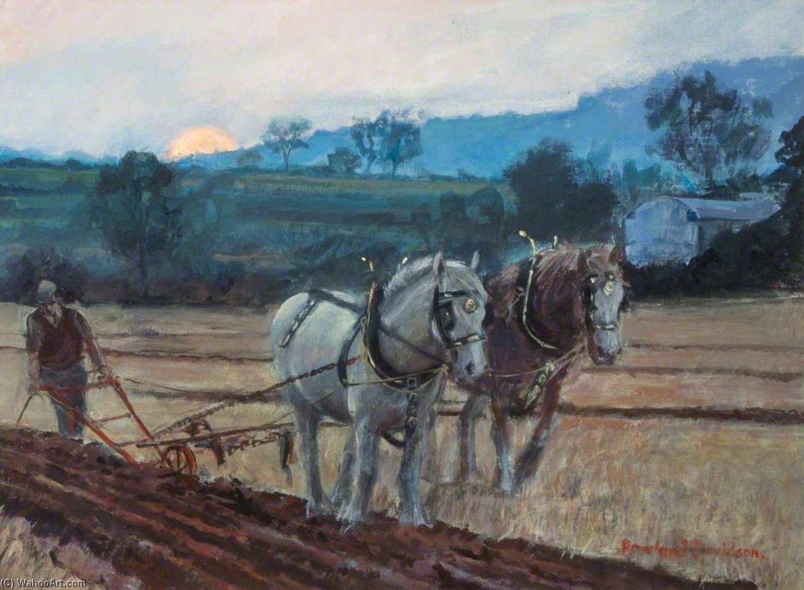 Wikioo.org - The Encyclopedia of Fine Arts - Painting, Artwork by Rowland Davidson - Ploughing at Sunset