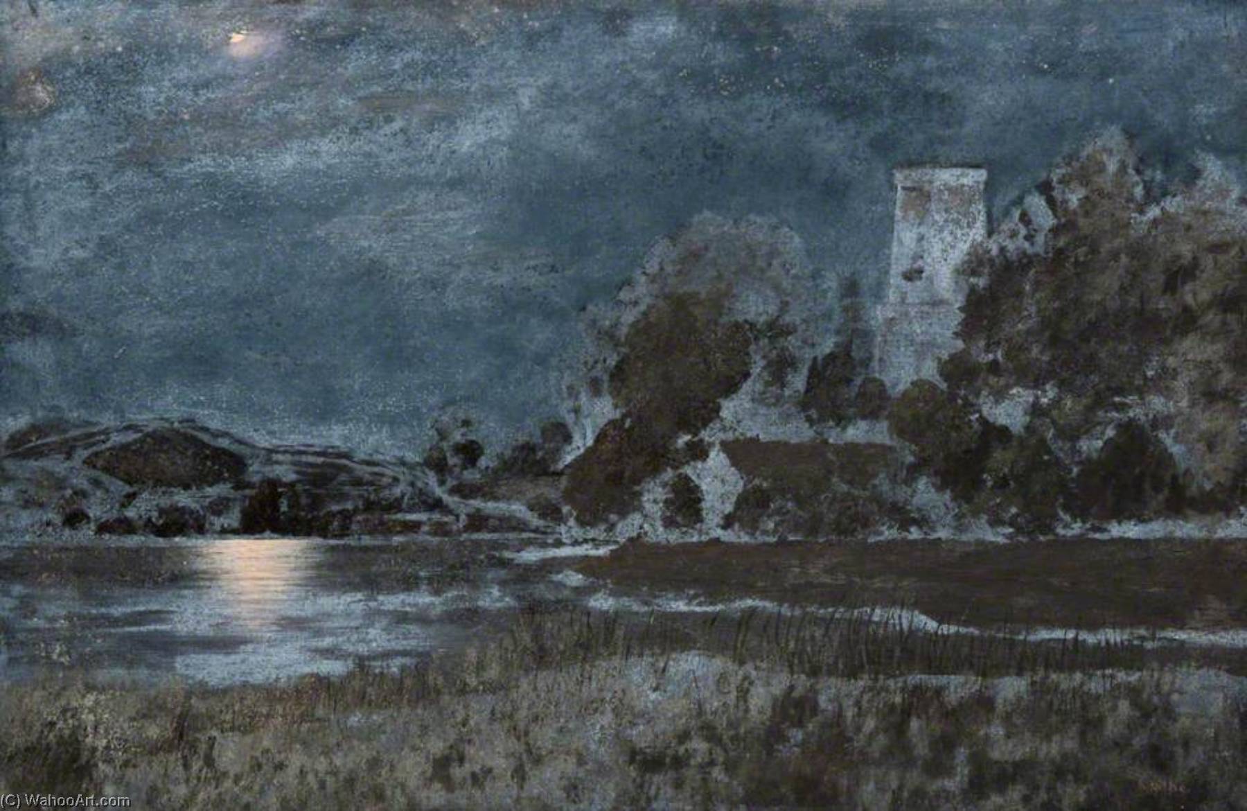 Wikioo.org - The Encyclopedia of Fine Arts - Painting, Artwork by Robert Lillie - Stoke Gabriel, Moonlight, South Devon