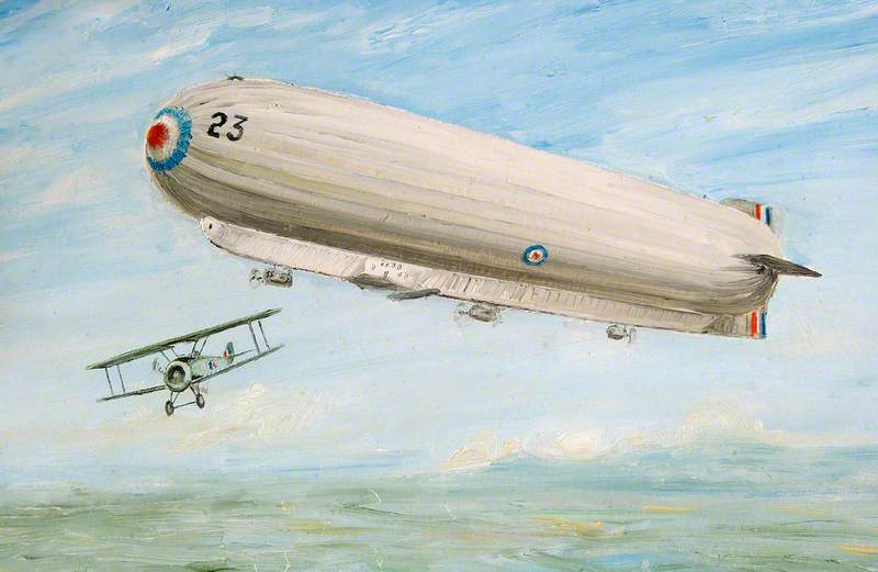 Wikioo.org - The Encyclopedia of Fine Arts - Painting, Artwork by John Constable Reeve - Airship R23 and Sopwith Camel at Pulham, Norfolk