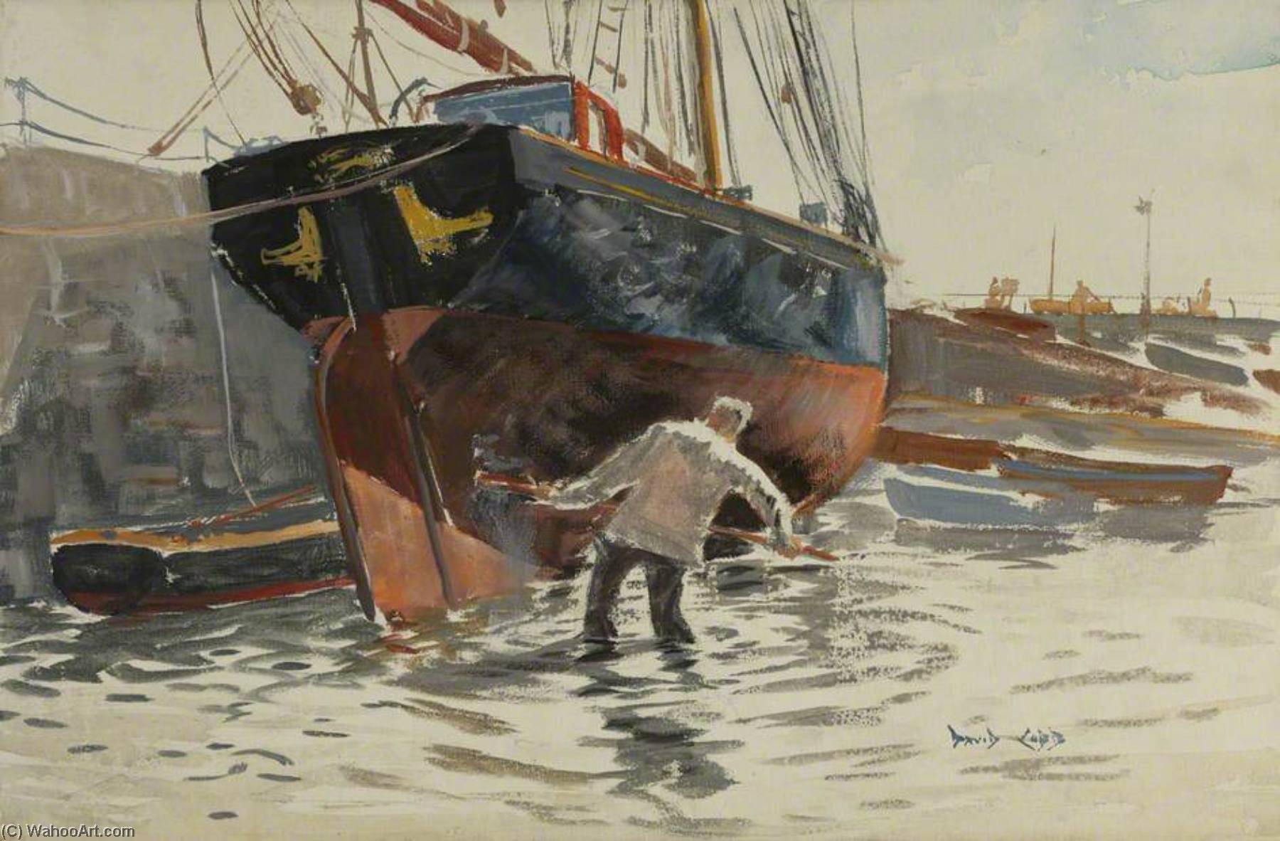Wikioo.org - The Encyclopedia of Fine Arts - Painting, Artwork by Charles David Cobb - Scrubbing the Yacht 'Golden Vanity'