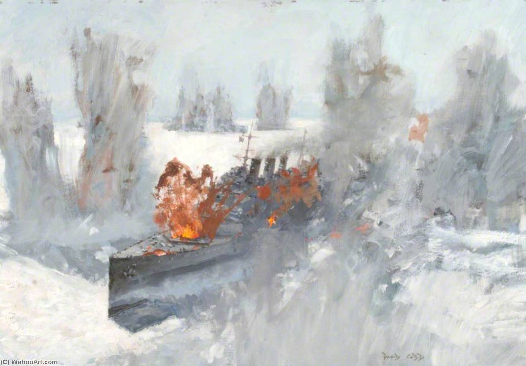 Wikioo.org - The Encyclopedia of Fine Arts - Painting, Artwork by Charles David Cobb - Bomb Attack Sinks 'Cornwall' and 'Dorsetshire'
