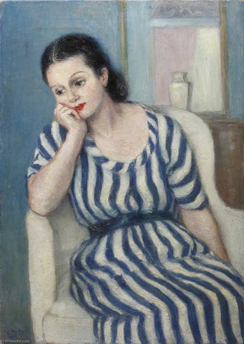 Wikioo.org - The Encyclopedia of Fine Arts - Painting, Artwork by Georges Van Houten - Seated Lady in a Blue and White Striped Dress