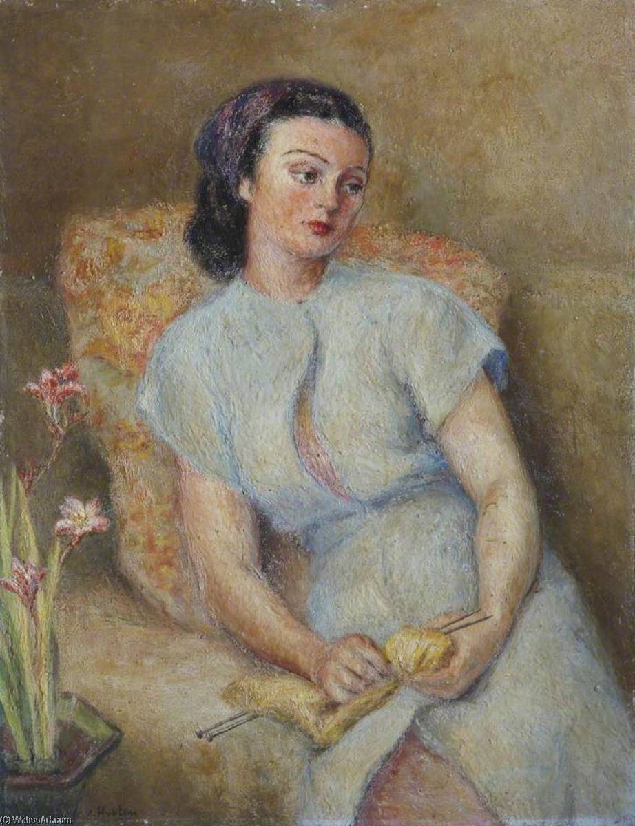 Wikioo.org - The Encyclopedia of Fine Arts - Painting, Artwork by Georges Van Houten - Lady Knitting with a Vase of Freesias or Crocosmia ( )