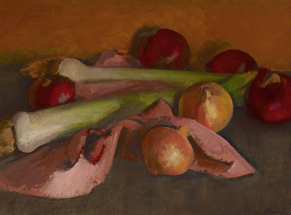 Wikioo.org - The Encyclopedia of Fine Arts - Painting, Artwork by Bernard Meninsky - Still Life, Onions and Leeks