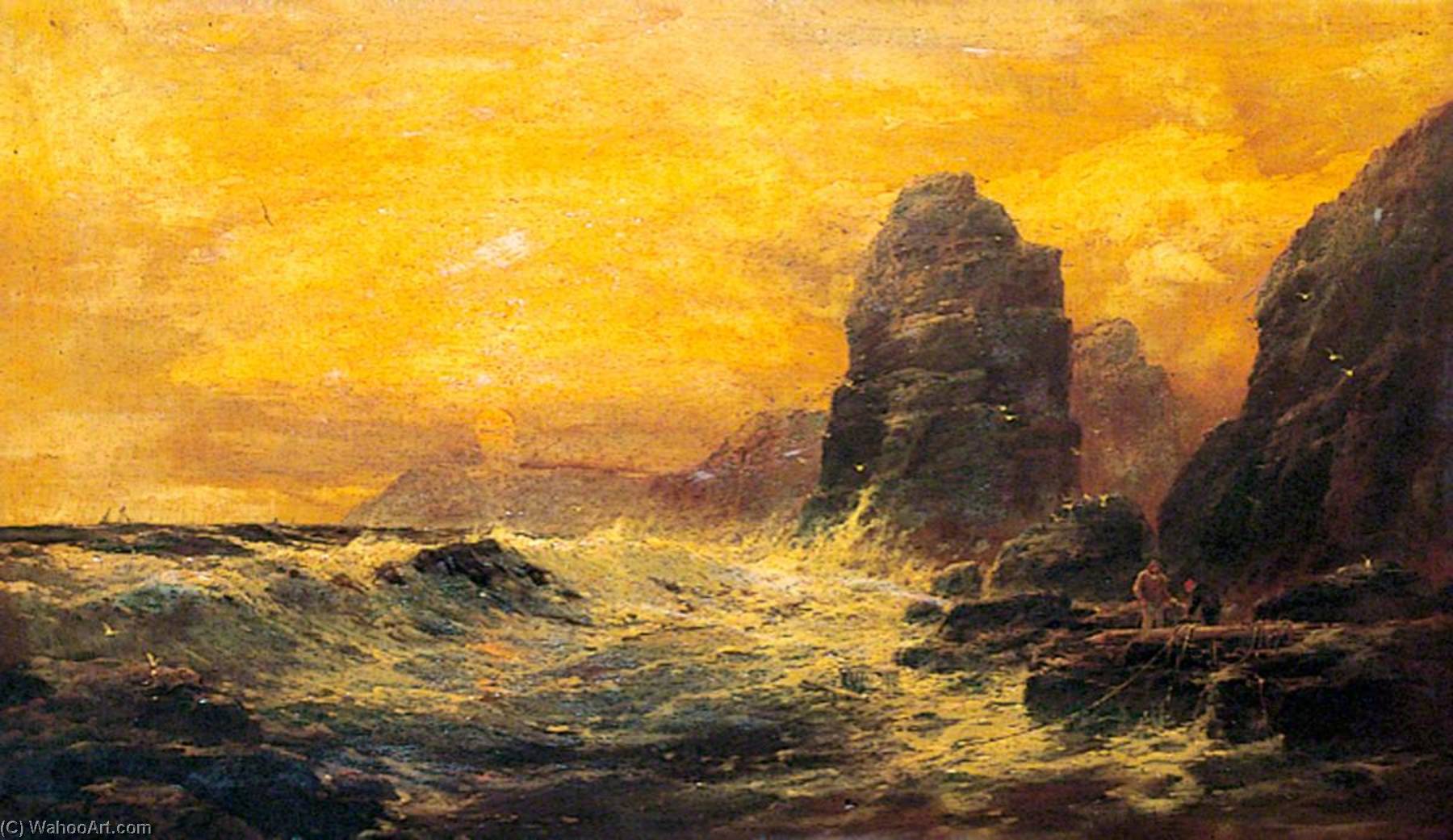 Wikioo.org - The Encyclopedia of Fine Arts - Painting, Artwork by George Henry Jenkins - Seascape with Fishermen and Rocky Shore