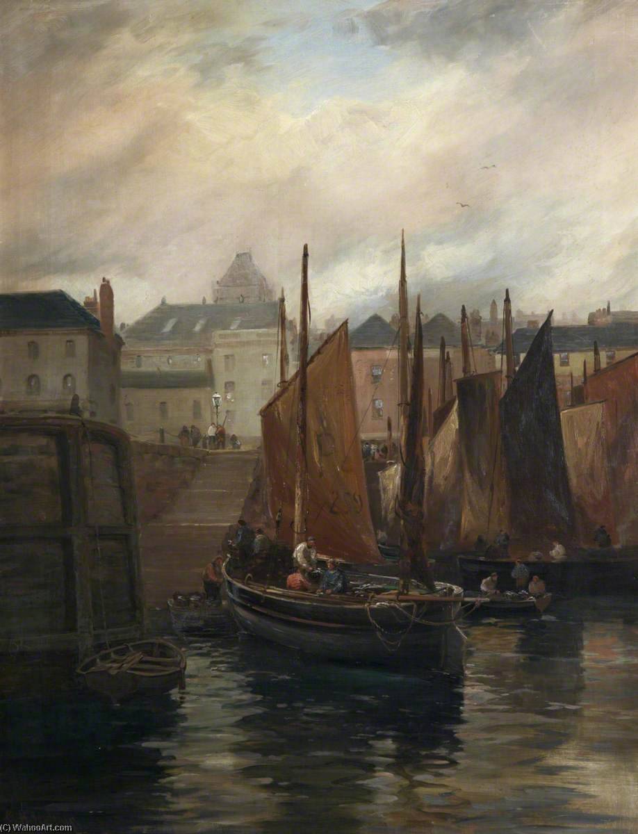 Wikioo.org - The Encyclopedia of Fine Arts - Painting, Artwork by George Henry Jenkins - Penzance Fishing Boats Landing Fish at the Barbican, Plymouth