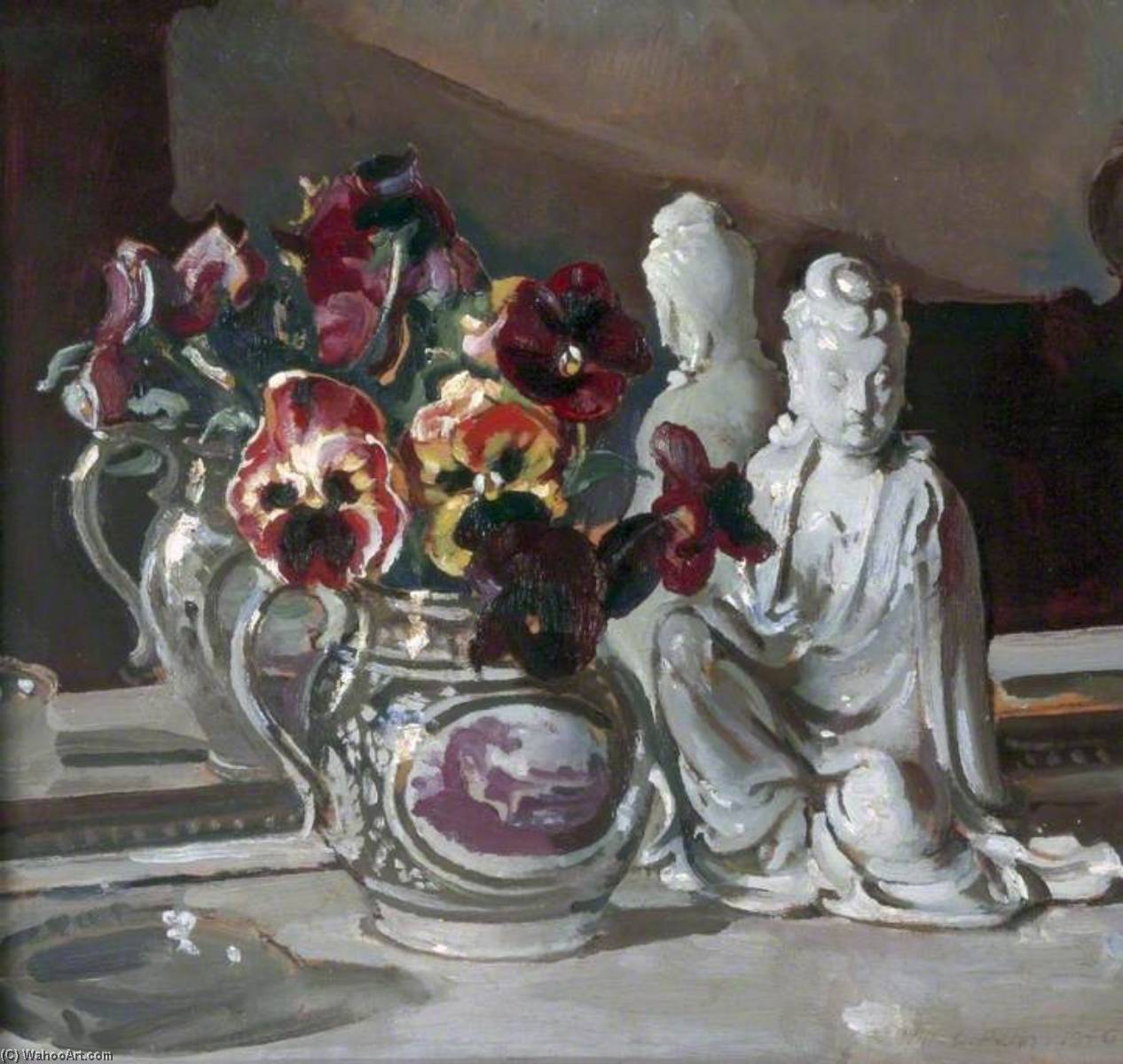 Wikioo.org - The Encyclopedia of Fine Arts - Painting, Artwork by William Charles Penn - Pansies in a Lustre Jug with a Blanc de Chine Figure