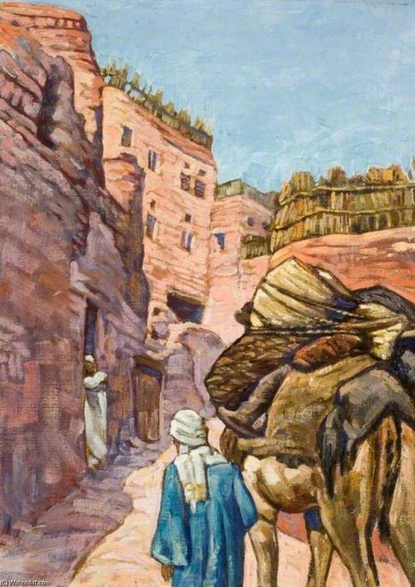 Wikioo.org - The Encyclopedia of Fine Arts - Painting, Artwork by Myrtle Broome - Arab Leading a Camel up a Steep Village Street