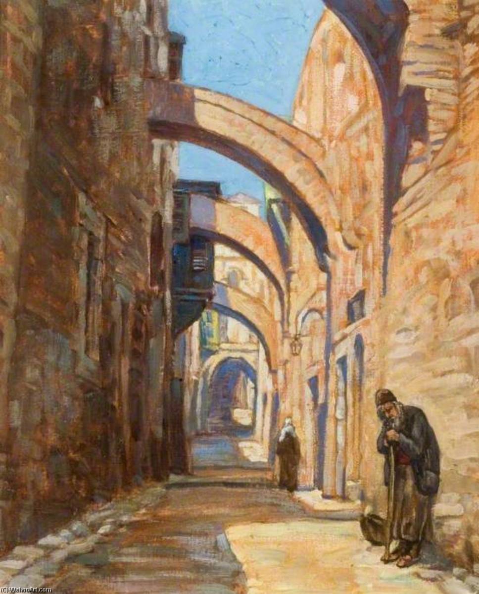 Wikioo.org - The Encyclopedia of Fine Arts - Painting, Artwork by Myrtle Broome - Two People in an Egyptian Street with Flying Buttresses above