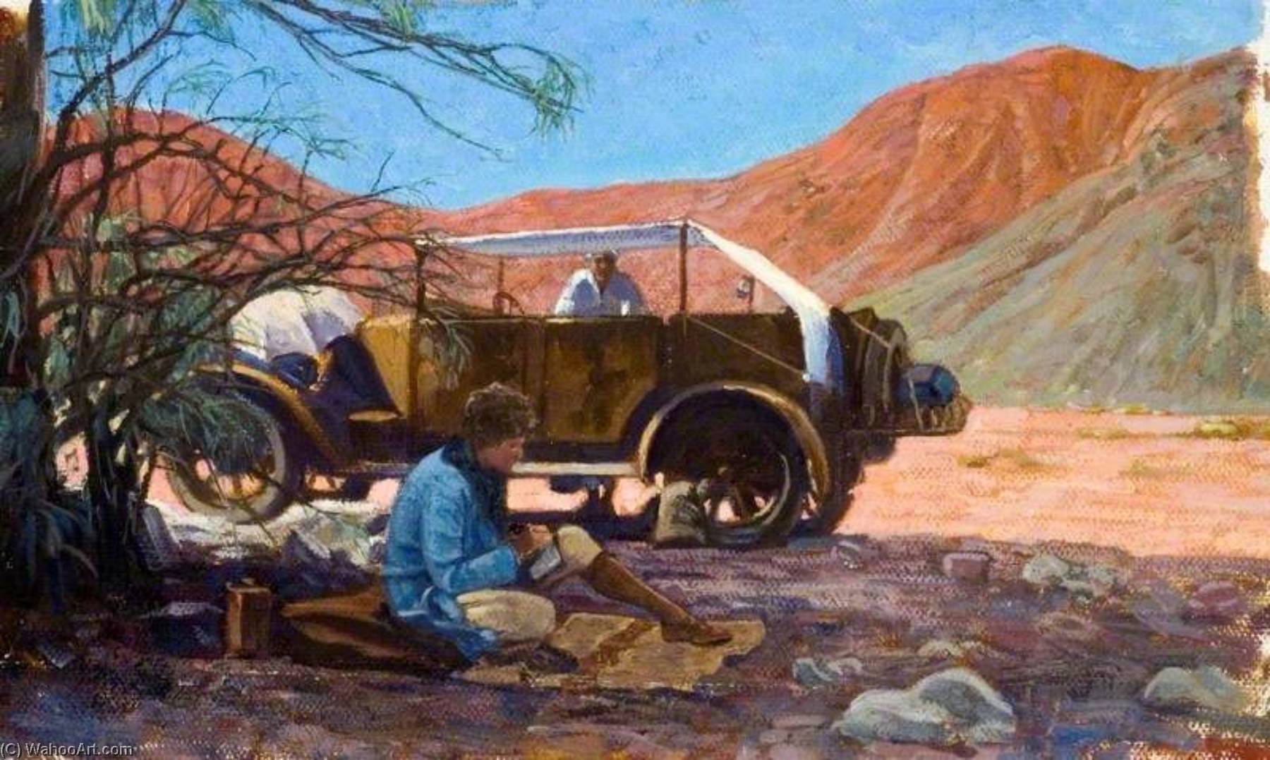 Wikioo.org - The Encyclopedia of Fine Arts - Painting, Artwork by Myrtle Broome - Amice Calverly Sitting Writing or Sketching with Joey, Their Expedition Car and Their Egyptian Servant