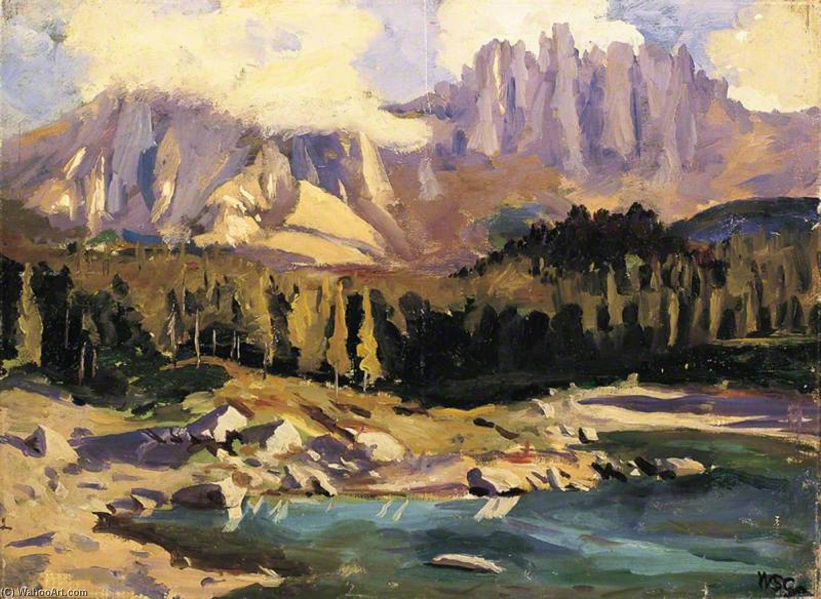 Wikioo.org - The Encyclopedia of Fine Arts - Painting, Artwork by Winston Spencer Churchill - Lake Carezza with the Dolomites in the Distance (I)