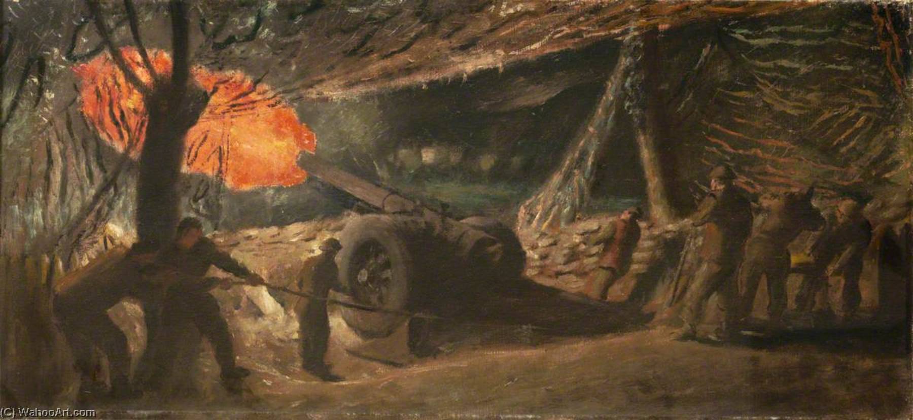Wikioo.org - The Encyclopedia of Fine Arts - Painting, Artwork by Henry Marvell Carr - A 7.2 Gun Firing at Night
