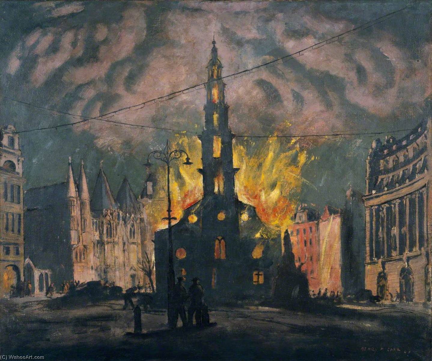 Wikioo.org - The Encyclopedia of Fine Arts - Painting, Artwork by Henry Marvell Carr - St Clement Dane's Church on Fire after Being Bombed