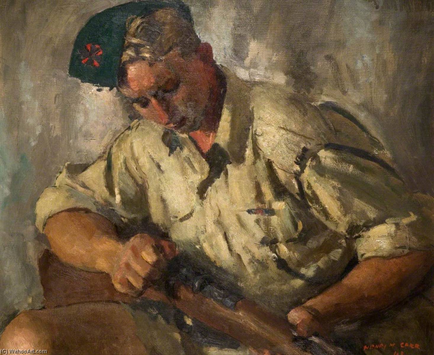 Wikioo.org - The Encyclopedia of Fine Arts - Painting, Artwork by Henry Marvell Carr - B. R. Hill, HH, First Battalion, KRRC, 6852209, RFN (Soldier Cleaning His Rifle)