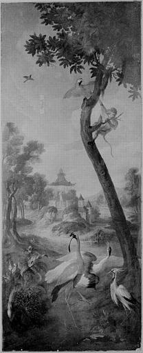 Wikioo.org - The Encyclopedia of Fine Arts - Painting, Artwork by Christophe Huet - Paysage avec aras raunas, cariama huppé, grues, porc épic, singes macaques