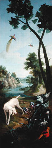 Wikioo.org - The Encyclopedia of Fine Arts - Painting, Artwork by Christophe Huet - Paysage avec chien et faisans, oiseaux de paradis, iris