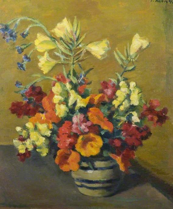 Wikioo.org - The Encyclopedia of Fine Arts - Painting, Artwork by Theodor Kern - Still Life, Flowers Arranged in a Blue Striped Vase