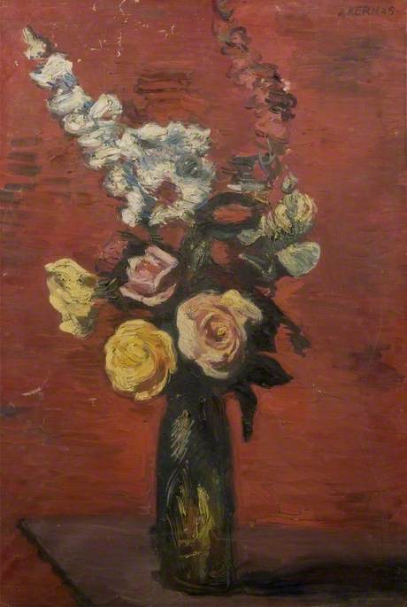 Wikioo.org - The Encyclopedia of Fine Arts - Painting, Artwork by Theodor Kern - Flowers Including Roses in a Tall Vase