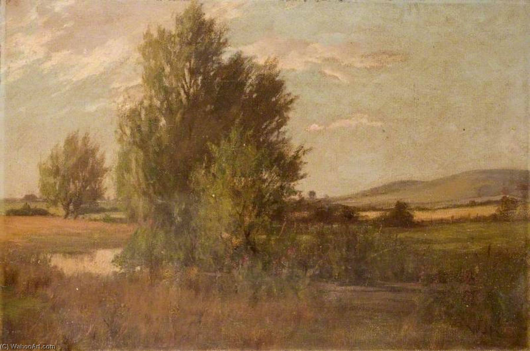 Wikioo.org - The Encyclopedia of Fine Arts - Painting, Artwork by Theodor Kern - Landscape with a Tree by a River and Hills in the Distance