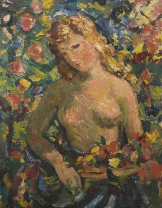 Wikioo.org - The Encyclopedia of Fine Arts - Painting, Artwork by Theodor Kern - Standing Nude Holding a Bouquet