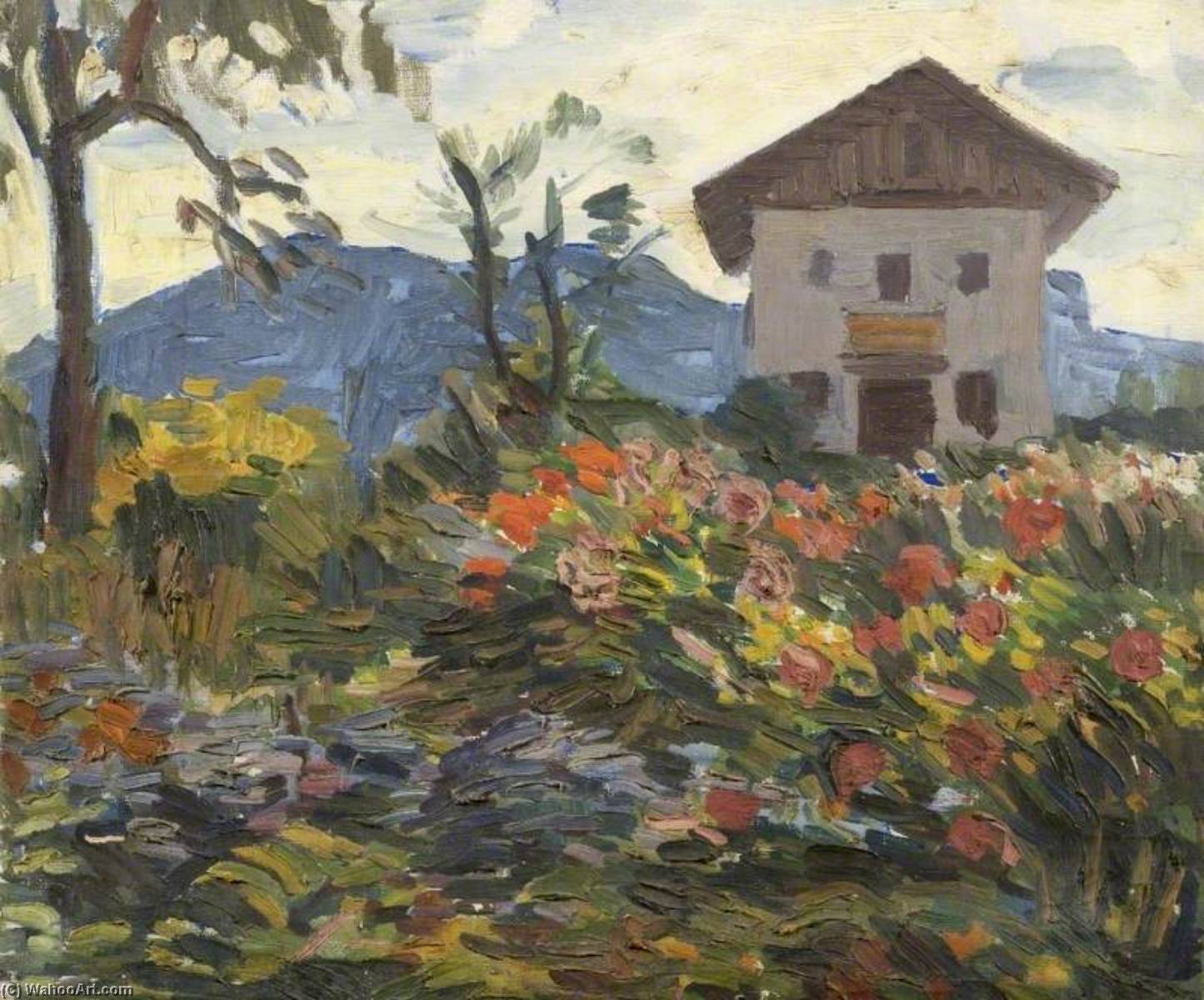 Wikioo.org - The Encyclopedia of Fine Arts - Painting, Artwork by Theodor Kern - A Mass of Flowers with a House and a Mountain Beyond