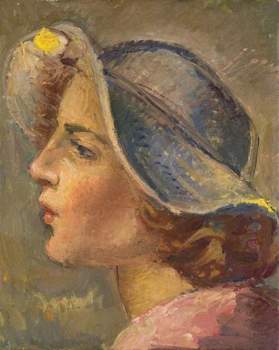 Wikioo.org - The Encyclopedia of Fine Arts - Painting, Artwork by Theodor Kern - Head and Shoulders Portrait in Profile of of a Young Woman in a Broad Brimmed Hat