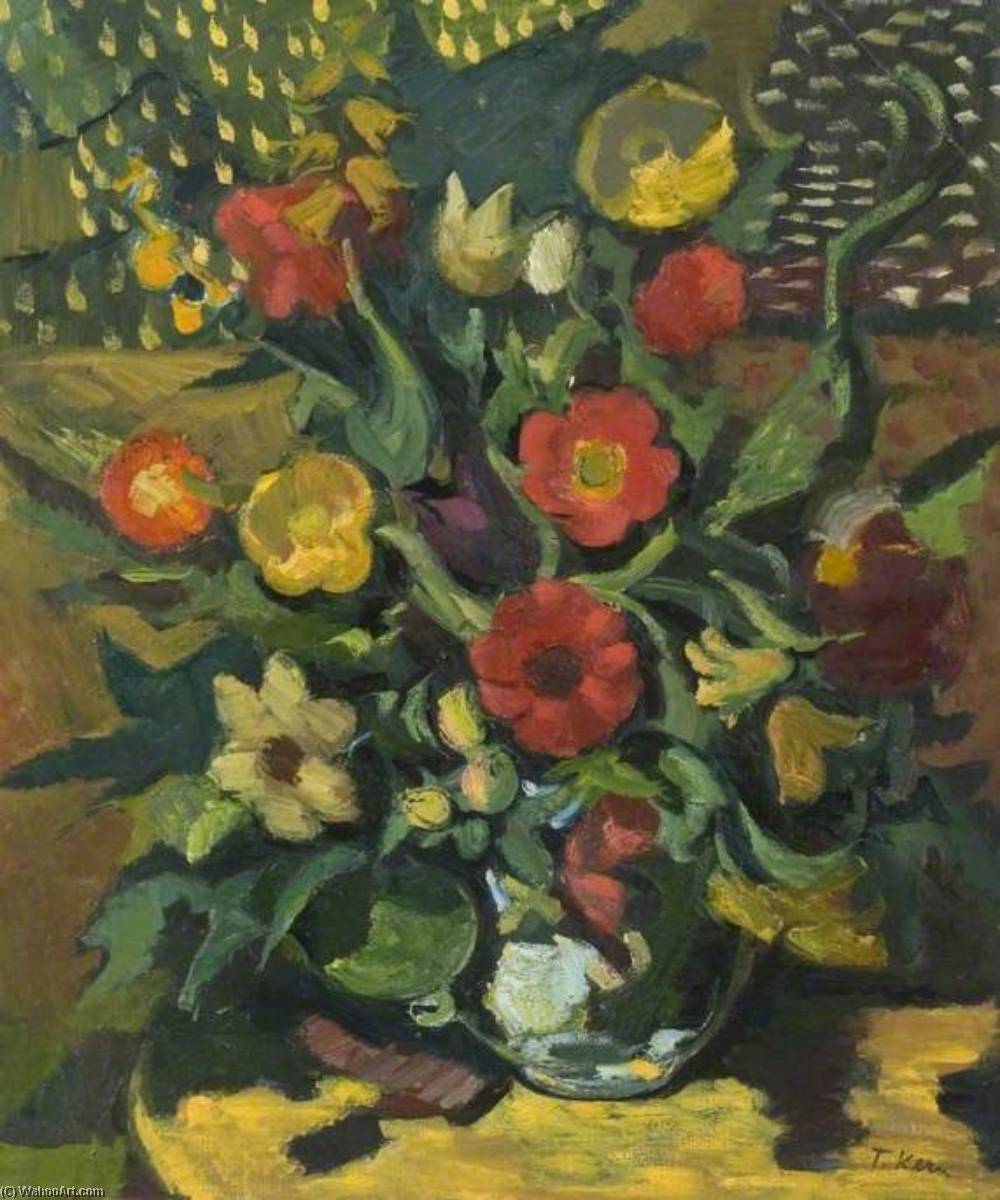 Wikioo.org - The Encyclopedia of Fine Arts - Painting, Artwork by Theodor Kern - Still Life, Yellow and Red Flowers Arranged in a Vase