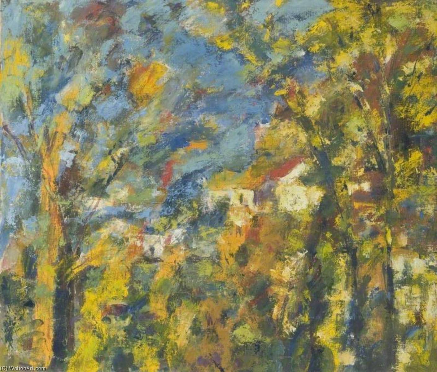 Wikioo.org - The Encyclopedia of Fine Arts - Painting, Artwork by Theodor Kern - Hillside and Houses Framed by Trees, an Impressionist Study