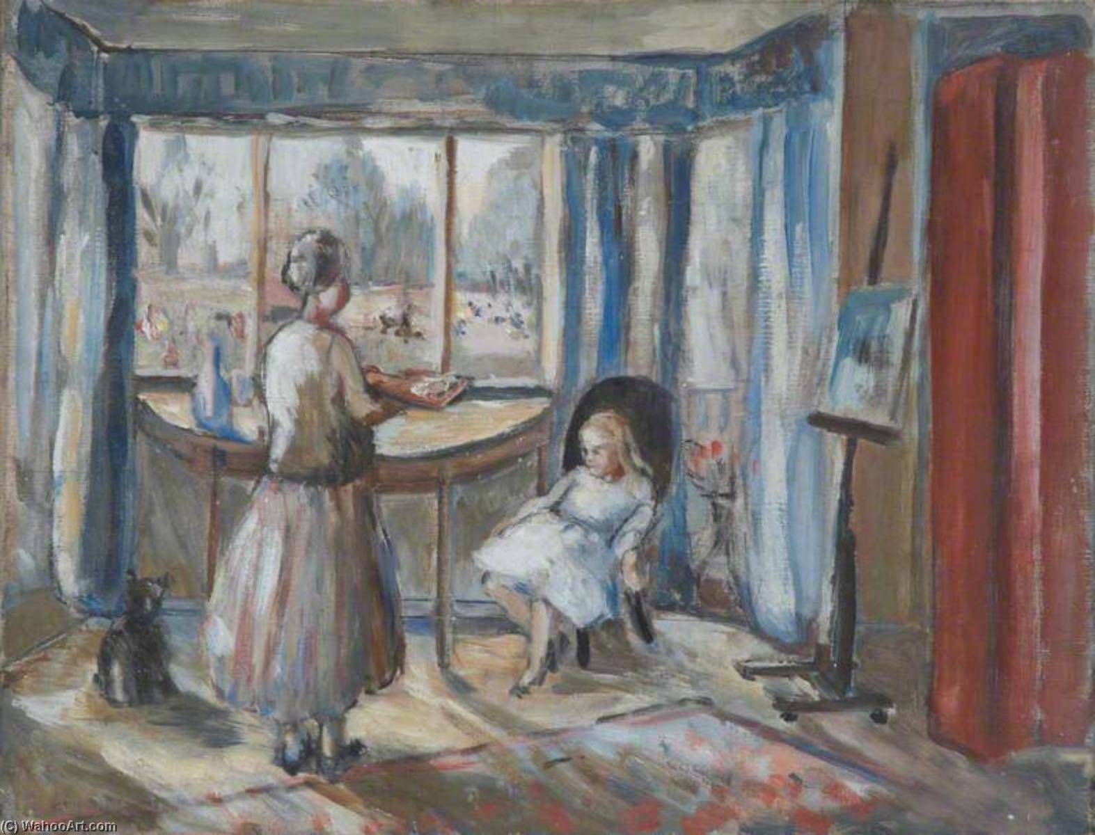 Wikioo.org - The Encyclopedia of Fine Arts - Painting, Artwork by Alan Francis Clutton Brock - Interior with a Girl Seated in a Chair and an Elderly Lady Standing