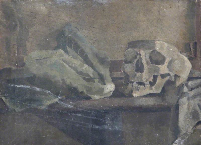 Wikioo.org - The Encyclopedia of Fine Arts - Painting, Artwork by Alan Francis Clutton Brock - Still Life with a Sawn Off Skull