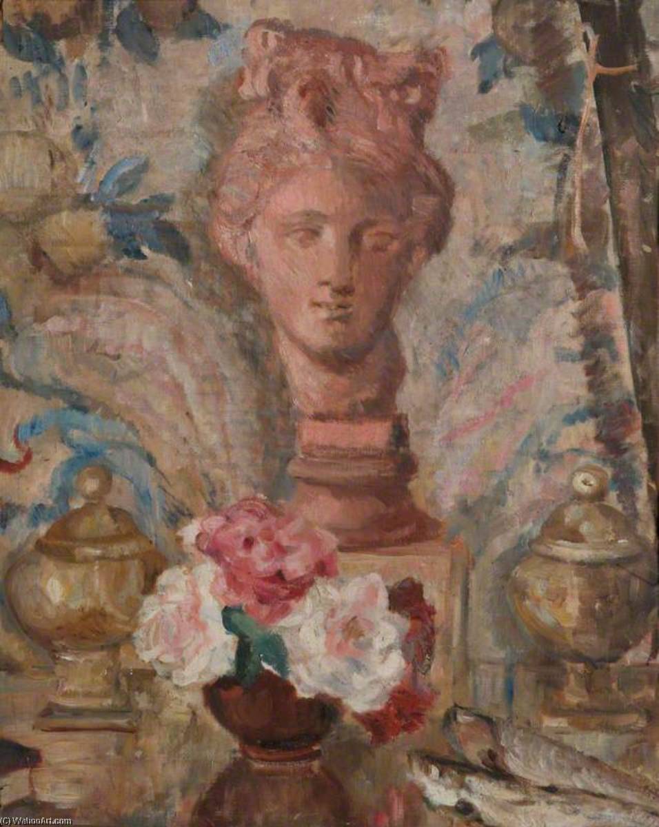 Wikioo.org - The Encyclopedia of Fine Arts - Painting, Artwork by Alan Francis Clutton Brock - Still Life of a Terracotta Head with a Vase of Flowers and Two Urns