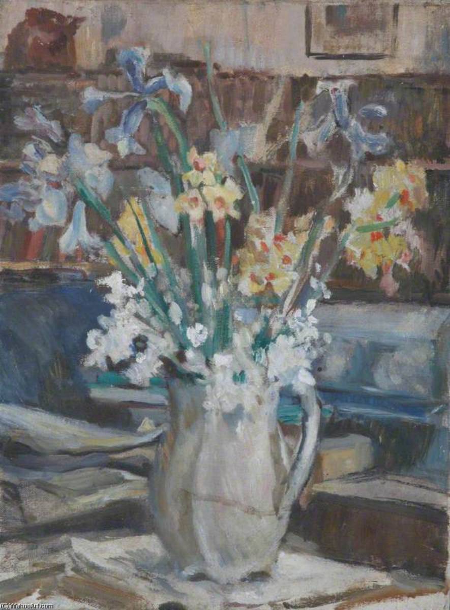 Wikioo.org - The Encyclopedia of Fine Arts - Painting, Artwork by Alan Francis Clutton Brock - Still Life of a Vase with Daffodils and Blue Irises