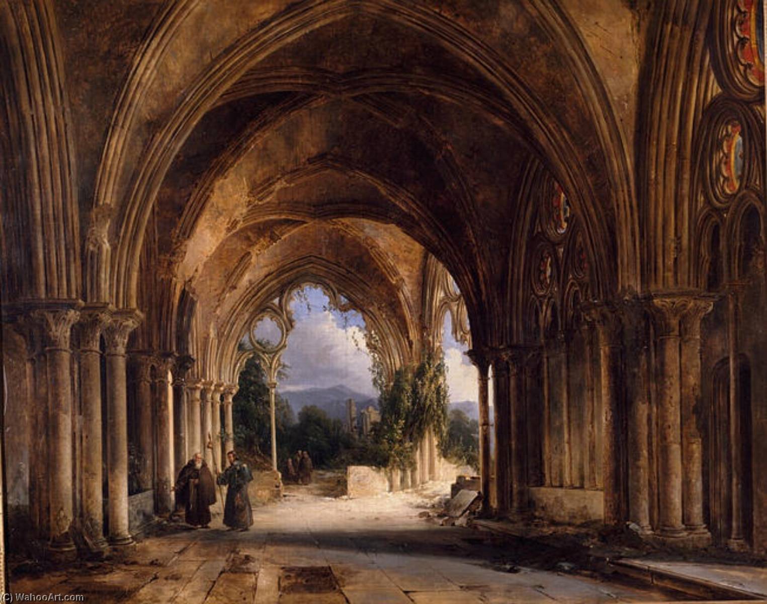 Wikioo.org – L'Encyclopédie des Beaux Arts - Peinture, Oeuvre de Renoux Charles Caius - Moines dans juin église gothique en ruines