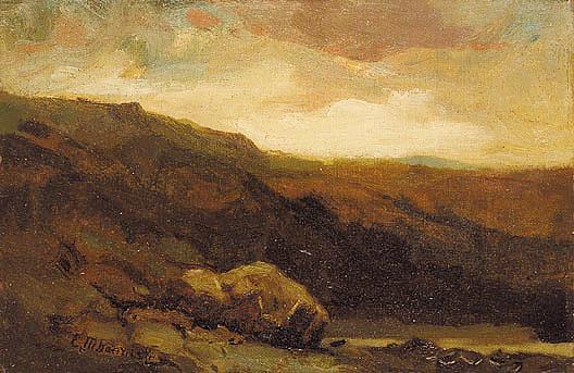 Wikioo.org - The Encyclopedia of Fine Arts - Painting, Artwork by Edward Mitchell Bannister - Untitled (mountainous landscape with rock and stream in foreground), (painting)