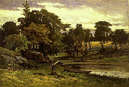 Wikioo.org - The Encyclopedia of Fine Arts - Painting, Artwork by Edward Mitchell Bannister - Untitled (landscape with boat moored near stream, man walking in foreground), (painting)