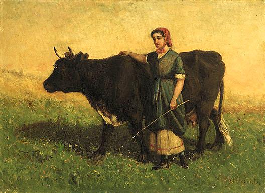 Wikioo.org - The Encyclopedia of Fine Arts - Painting, Artwork by Edward Mitchell Bannister - Untitled (woman walking with cow), (painting)