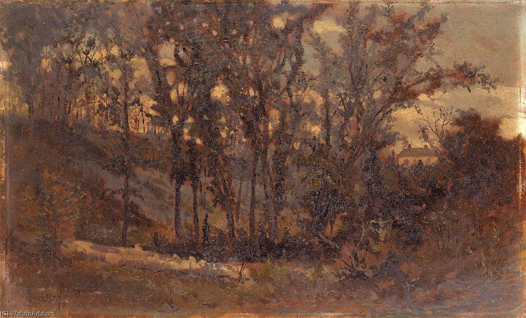 Wikioo.org - The Encyclopedia of Fine Arts - Painting, Artwork by Edward Mitchell Bannister - Untitled (forest scene, fallen tree in foreground and house in background)